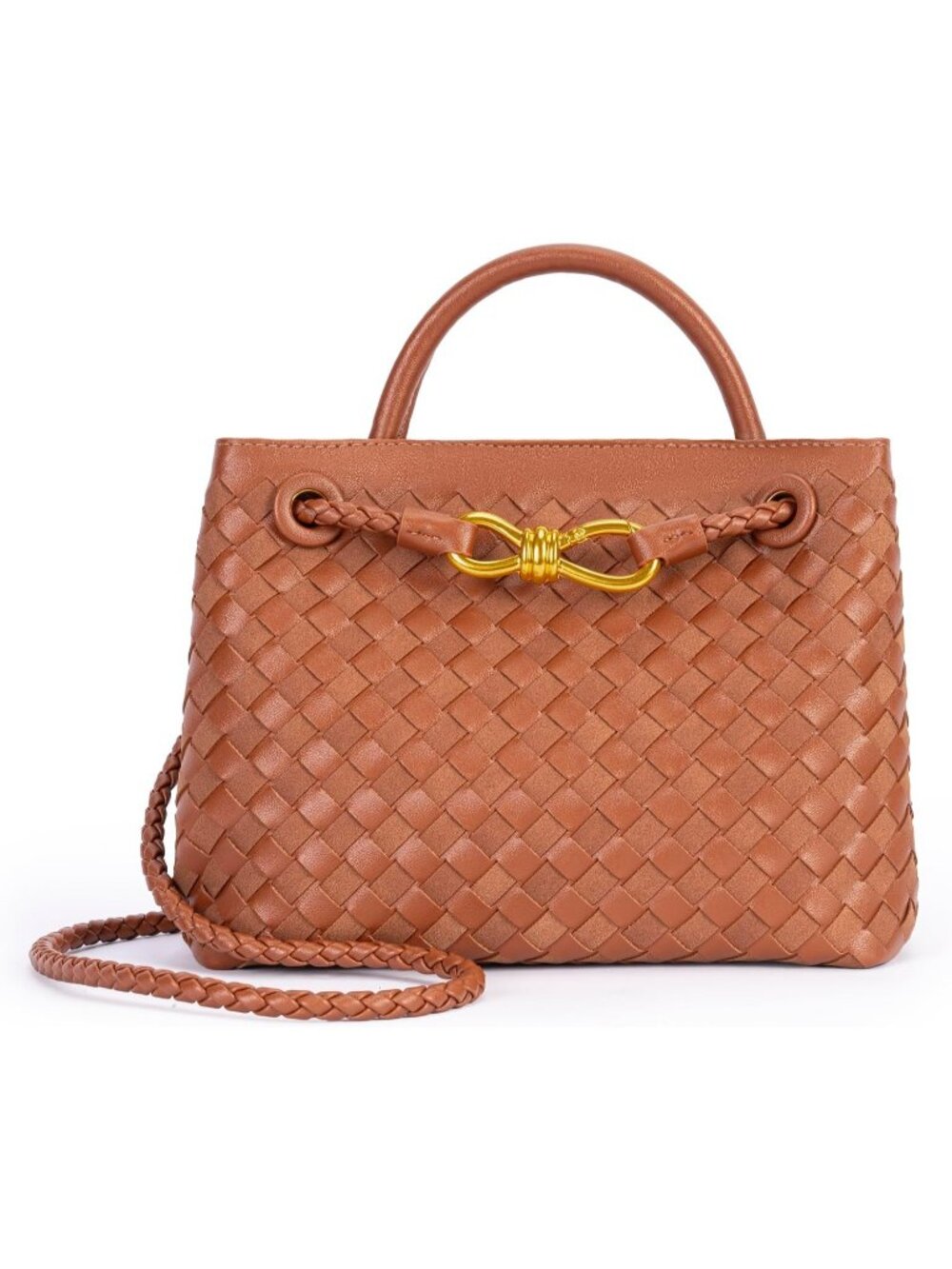 Women's K Brown Woven Leather Tote Handle Designer Handbag Shoulder Bag